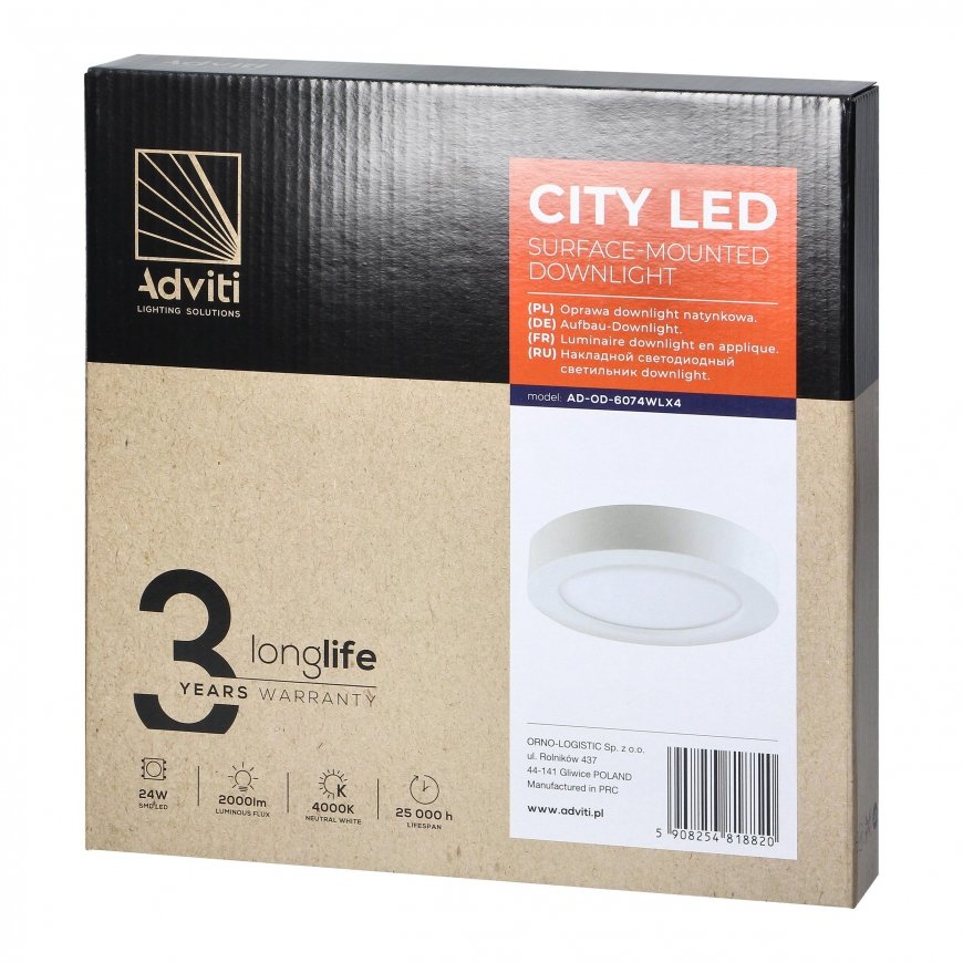 Orno CITY LED 24W lubinis šviestuvas, apatinis šviestuvas, montuojamas paviršiuje, apvalus, 1900lm, 4000K, balta, įmontuotas mai – 2