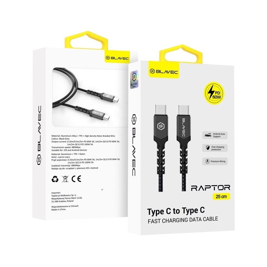 Blavec Cable Raptor braided - Type C to Type C - PD 60W 3A 0,25