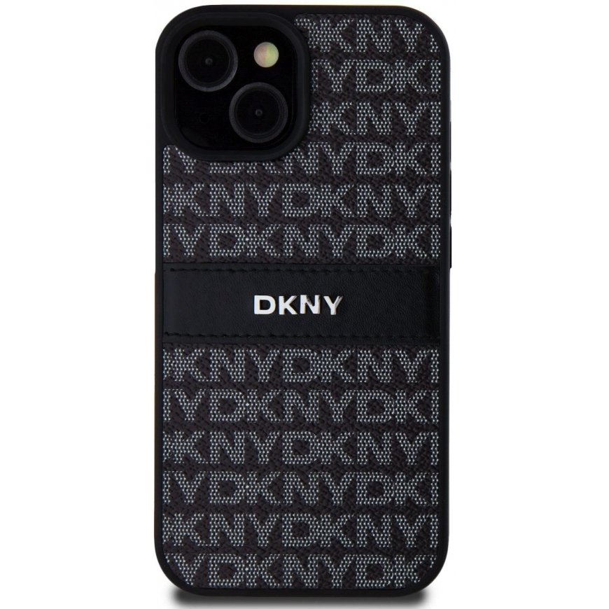 DKNY PU Leather Repeat Pattern Tonal Stripe Case for iPhone 15 B