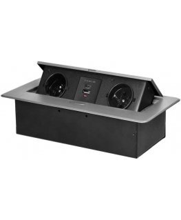 Orno Furniture socket recessed into the table top with flat milled edge and USB charger, 2x2P+Z, 2xUSB (type A+C 3.6A), silver