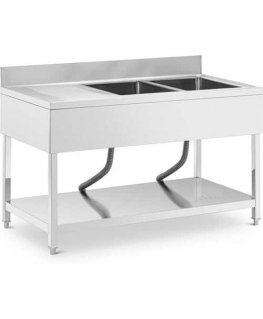 Royal Catering Double bowl basin sink with drainer, shelf and rim, 140 x 70 x 97 cm