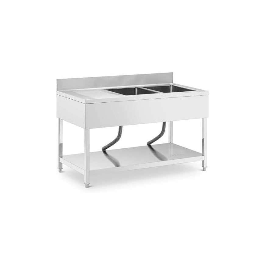 Royal Catering Double bowl basin sink with drainer, shelf and rim, 140 x 70 x 97 cm