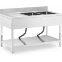 Royal Catering Double bowl basin sink with drainer, shelf and rim, 140 x 70 x 97 cm Royal Catering Double bowl basin sink with drainer, shelf and rim, 140 x 70 x 97 cm