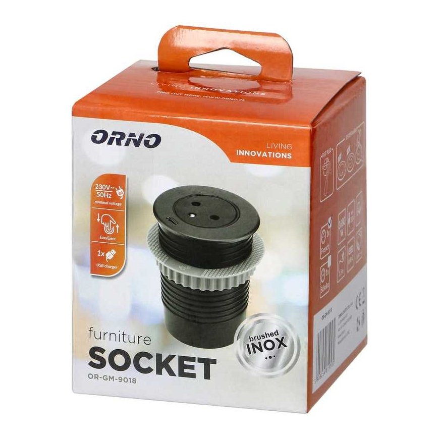 Orno 2P+Z recessed tabletop socket with EasyEject system, USB 3.0, 1.5 m + USB adapter – 2