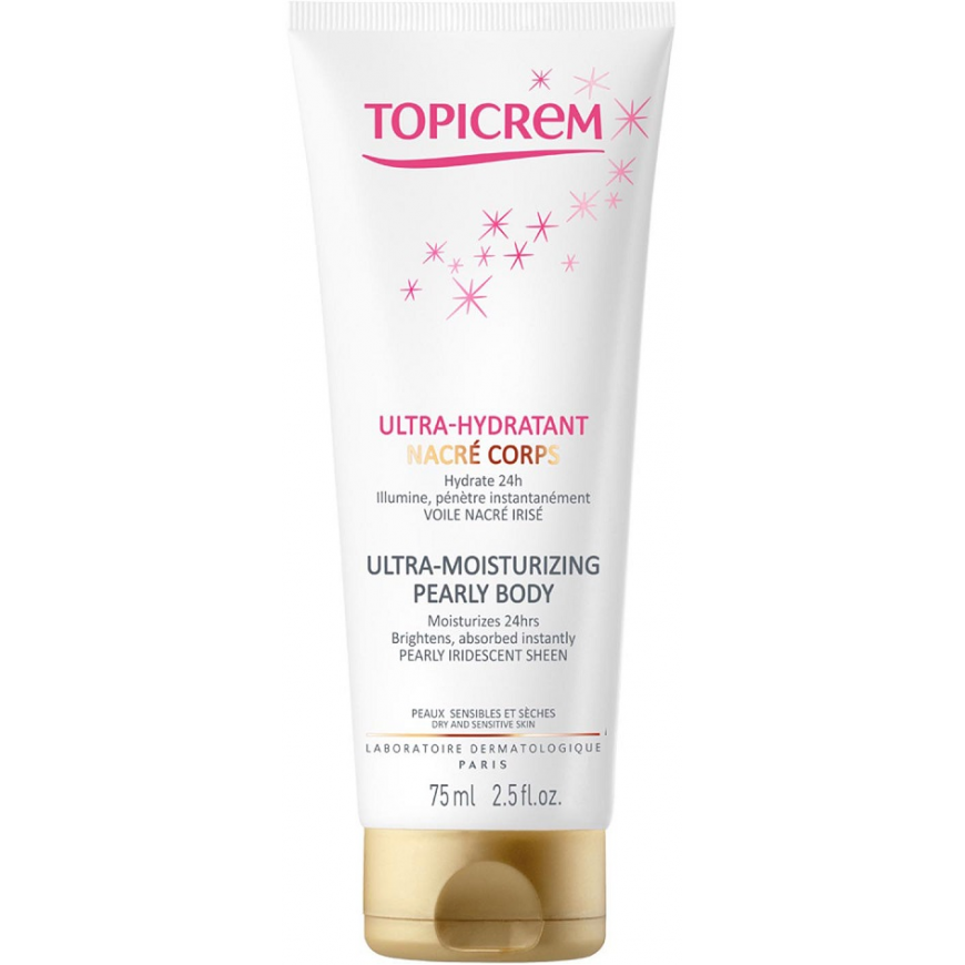 Topicrem Ultra-Moisturizing Pearly Body itin drėkinamasis kūno pienas su perlamutriniu paviršiumi, 75 ml – 2