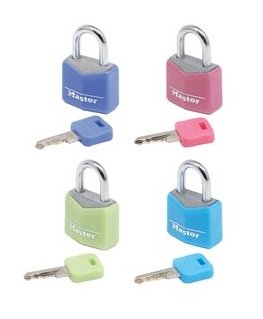 MASTER LOCK 20mm wide covered solid body padlock, assorted colours 4-pack