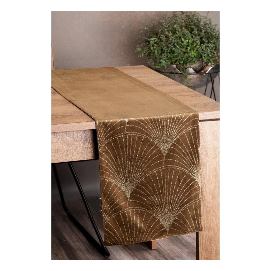 Eurofirany BLINK / 14 Aksominis stalo takelis su su dideliu art deco stiliaus vėduoklės raštu, 35X180 cm, spalva: ruda – 3