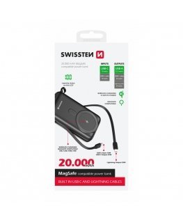Swissten Power Bank 20000 mAh 20W with Built-In Cables USB-C And Lightning (MagSafe compatible)