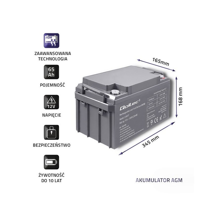 Qoltec 53037 AGM battery | 12V | 65Ah | max 780A – 3