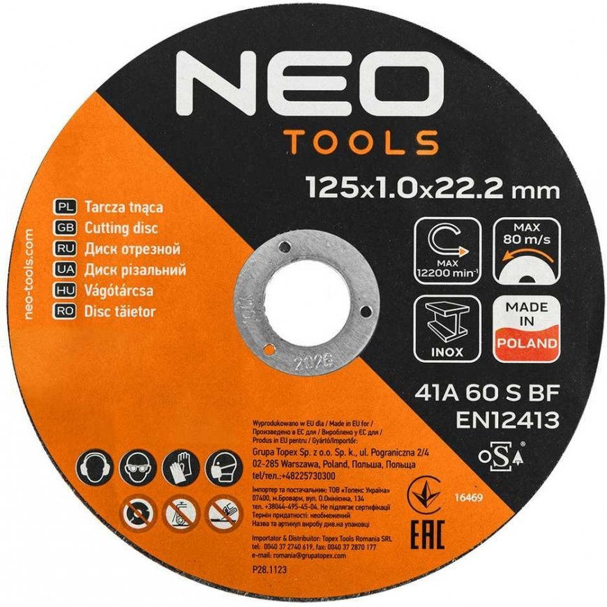 Neo Tarcze tnące do metalu 41A 60 S BF -125x1,0x22,23 STAL/INOX, 100 pcs in a bucket Wyprodukowano w Polsce – 2
