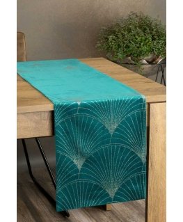 Eurofirany BLINK / 14 Velvet table runner with a large art deco fan pattern, 35X220 cm, color: dark turquoise
