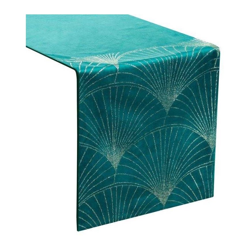 Eurofirany BLINK / 14 Velvet table runner with a large art deco fan pattern, 35X220 cm, color: dark turquoise – 2