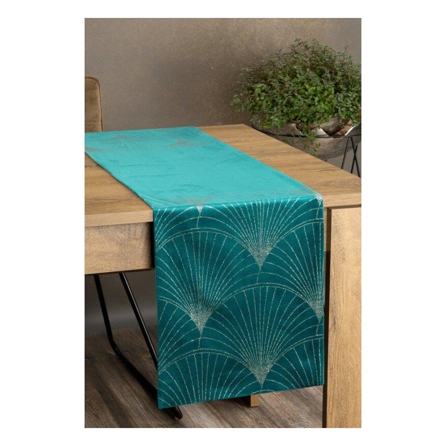 Eurofirany BLINK / 14 Velvet table runner with a large art deco fan pattern, 35X220 cm, color: dark turquoise – 4