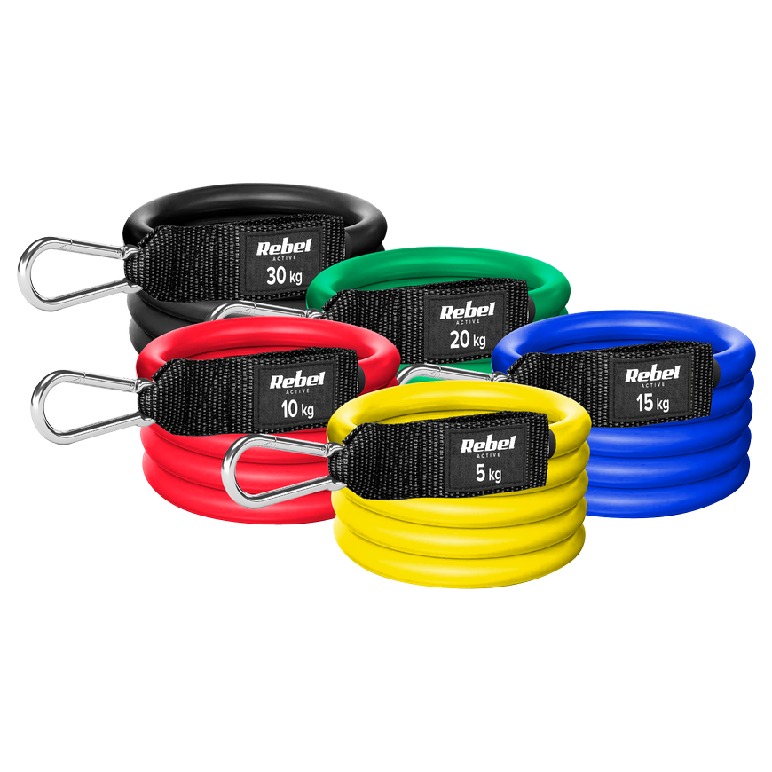 Atsparumo juostų rinkinys pratimams - Power Tube Set, 5-30 kg, 5 juostos, REBEL ACTIVE