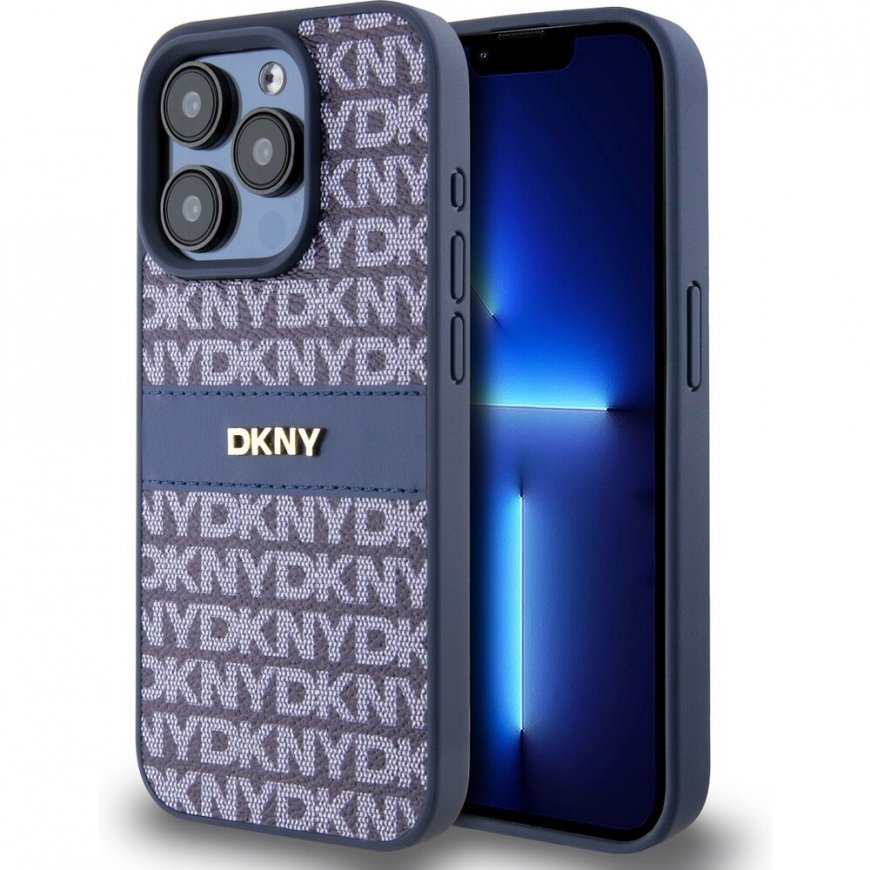 DKNY PU Leather Repeat Pattern Tonal Stripe Case for iPhone 15 P