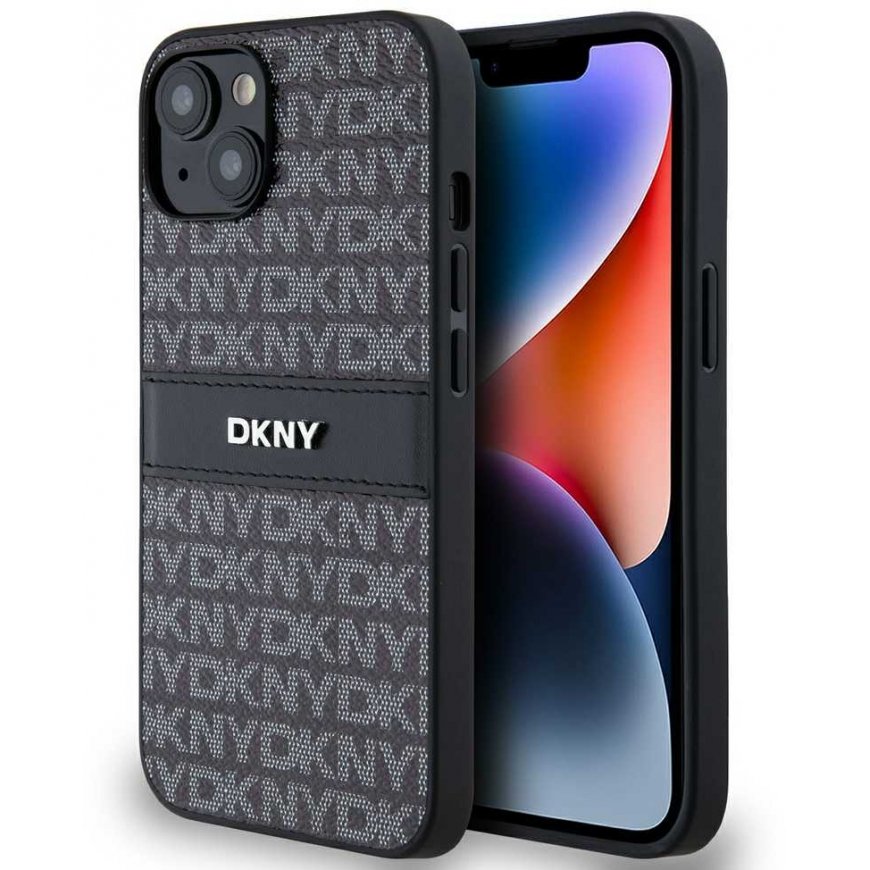 Case DKNY PU Leather Repeat Pattern Tonal Stripe Case for iPhone 14 Black