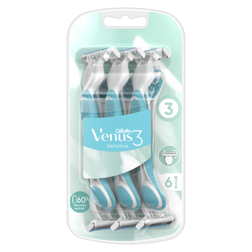 Gillette Venus 3 Sensitive Disposable Razors for Women, 6, Unit. Package – 4