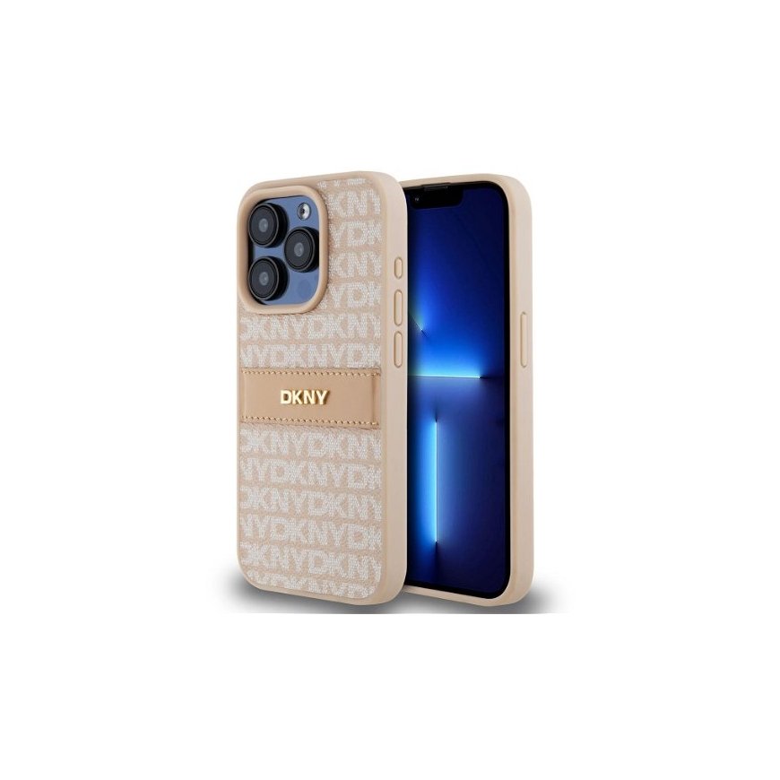 DKNY PU Leather Repeat Pattern Tonal Stripe Case for iPhone 15 P