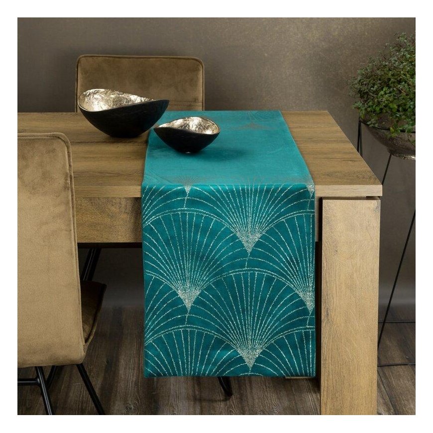 Eurofirany BLINK / 14 Aksominis stalo takelis su su dideliu art deco stiliaus vėduoklės raštu, 35X180 cm, spalva: tamsi turkio – 3