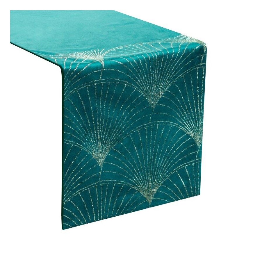 Eurofirany BLINK / 14 Aksominis stalo takelis su su dideliu art deco stiliaus vėduoklės raštu, 35X180 cm, spalva: tamsi turkio – 5