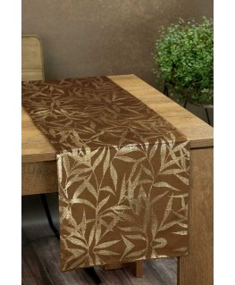 Eurofirany BLINK / 15 Velvet table runner with delicate light golden branch motif, 35X180 cm, color: brown