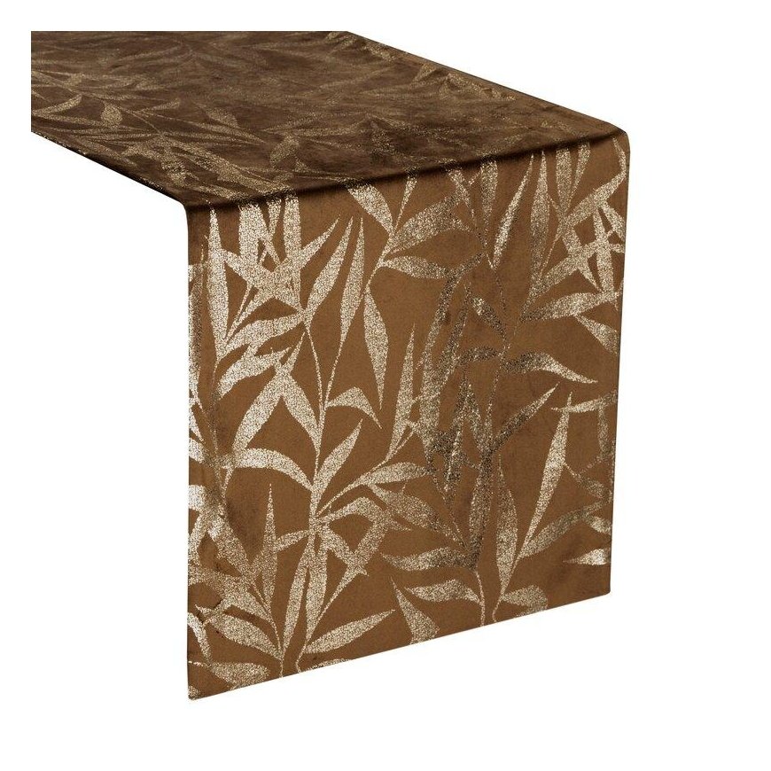 Eurofirany BLINK / 15 Velvet table runner with delicate light golden branch motif, 35X180 cm, color: brown – 4