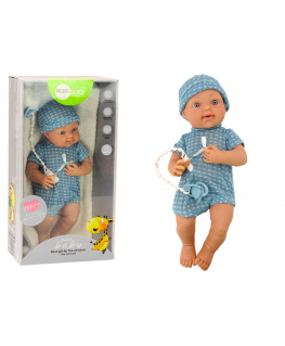 Lean Toys Baby doll in mėlynas clothes, hat, pacifier, and blanket