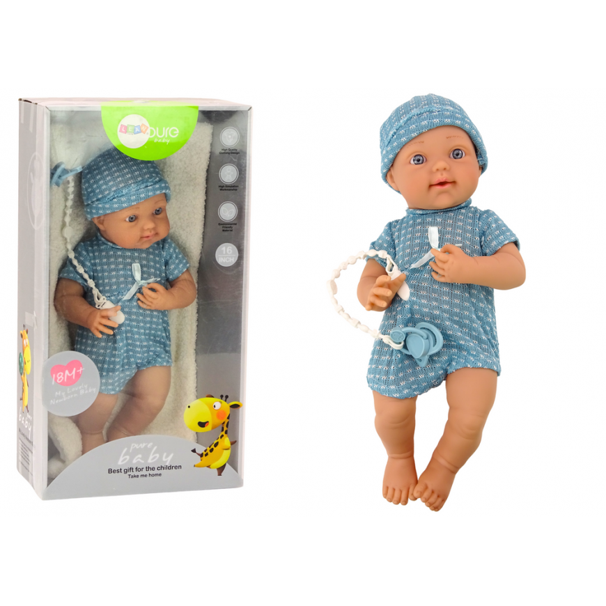 Lean Toys Baby doll in mėlynas clothes, hat, pacifier, and blanket
