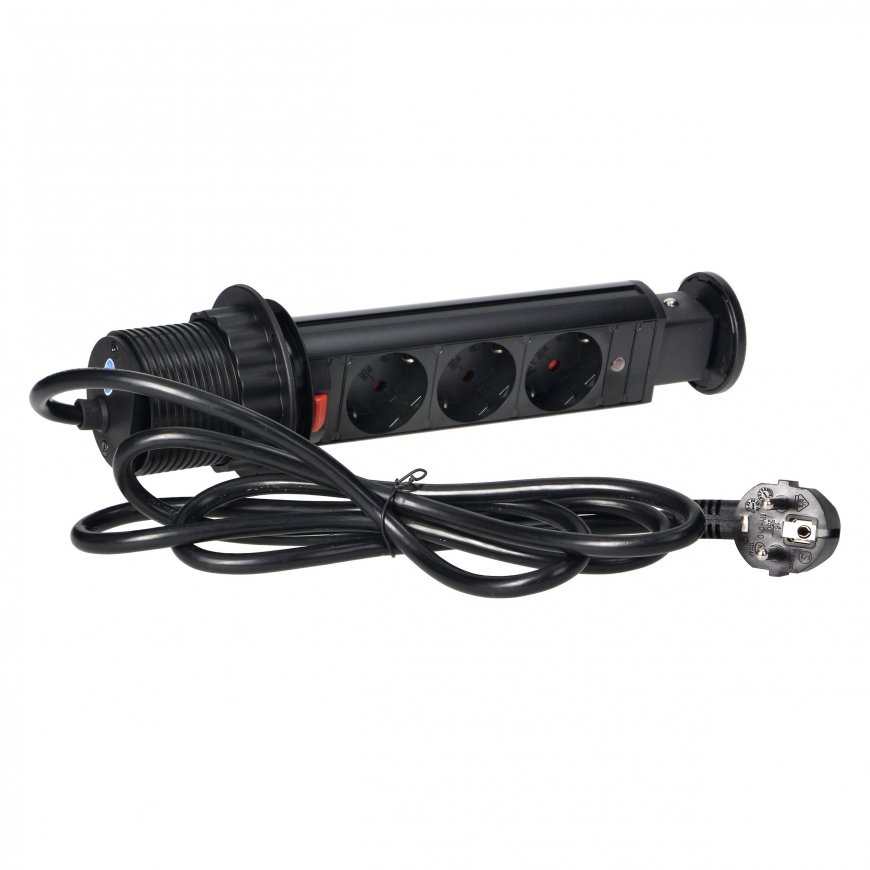 Orno Furniture socket ?6cm pulls out from table top with lock and 1.8m cable, 3x2P+Z (Schuko), black – 5