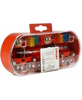 Rinkinys zasobnik komplet żarówek zapasowych bezpieczniki 30 vnt. h7 + h1 amio-03960