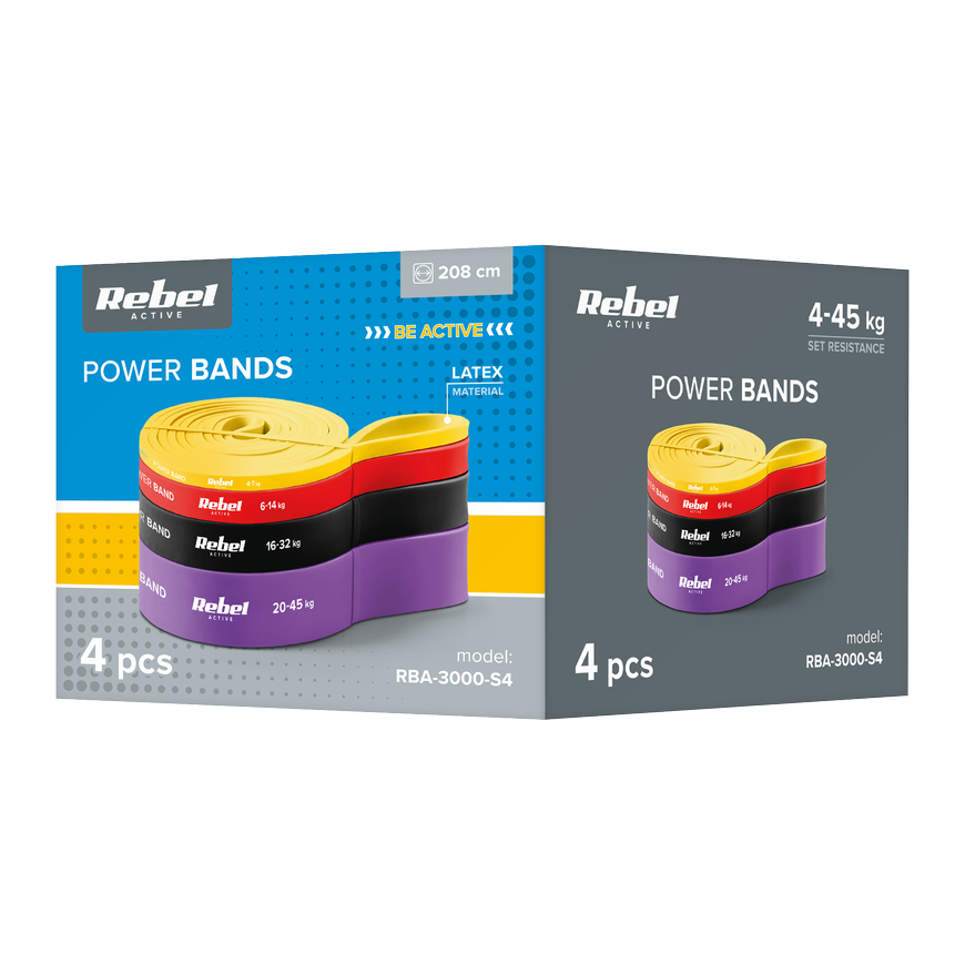 Latekso mankštos juostų rinkinys - Power Band PLs-2, 4-45 kg, 4 juostos, REBEL ACTIVE – 3