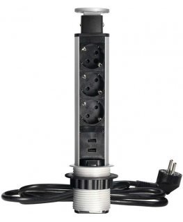 Orno Furniture socket ?6cm pulls out from the tabletop with USB charger, lock and 1.8m cable, 3x2P+Z (Schuko), silver
