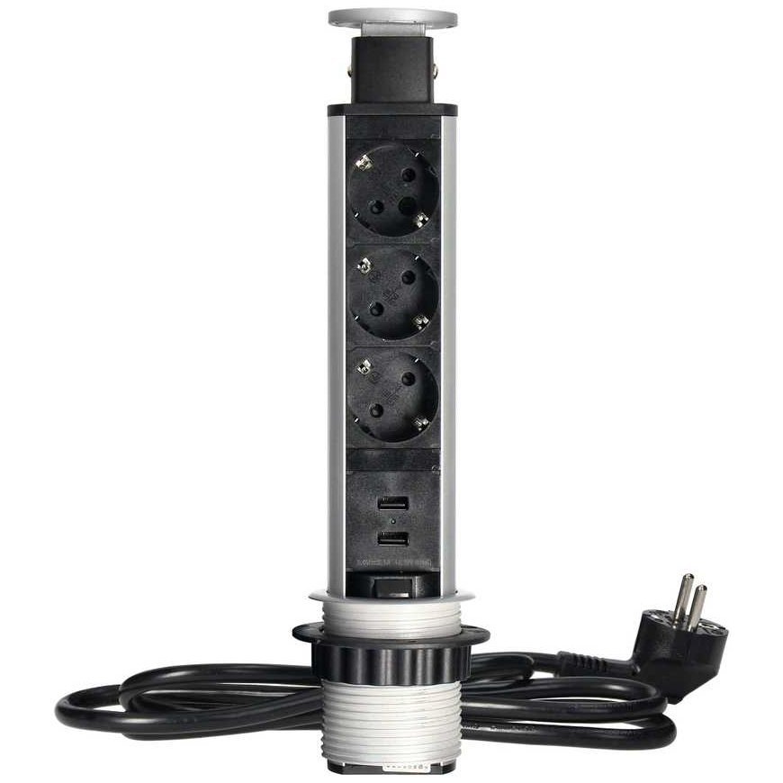 Orno Baldų lizdas ?6cm ištraukiamas nuo stalviršio su USB įkrovikliu, spyna ir 1,8m laidu, 3x2P+Z (Schuko), sidabrinis