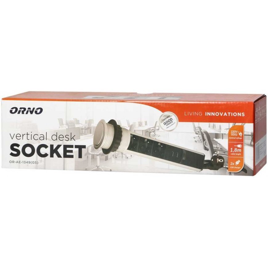 Orno Furniture socket ?6cm pulls out from the tabletop with USB charger, lock and 1.8m cable, 3x2P+Z (Schuko), silver – 2