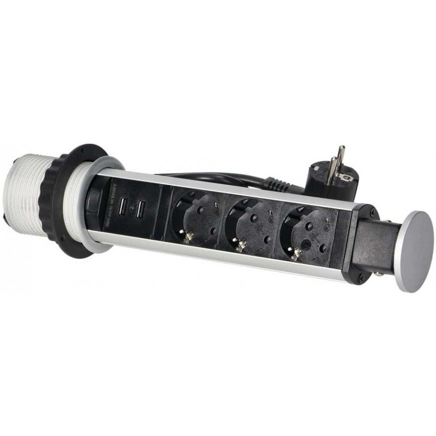 Orno Baldų lizdas ?6cm ištraukiamas nuo stalviršio su USB įkrovikliu, spyna ir 1,8m laidu, 3x2P+Z (Schuko), sidabrinis – 3