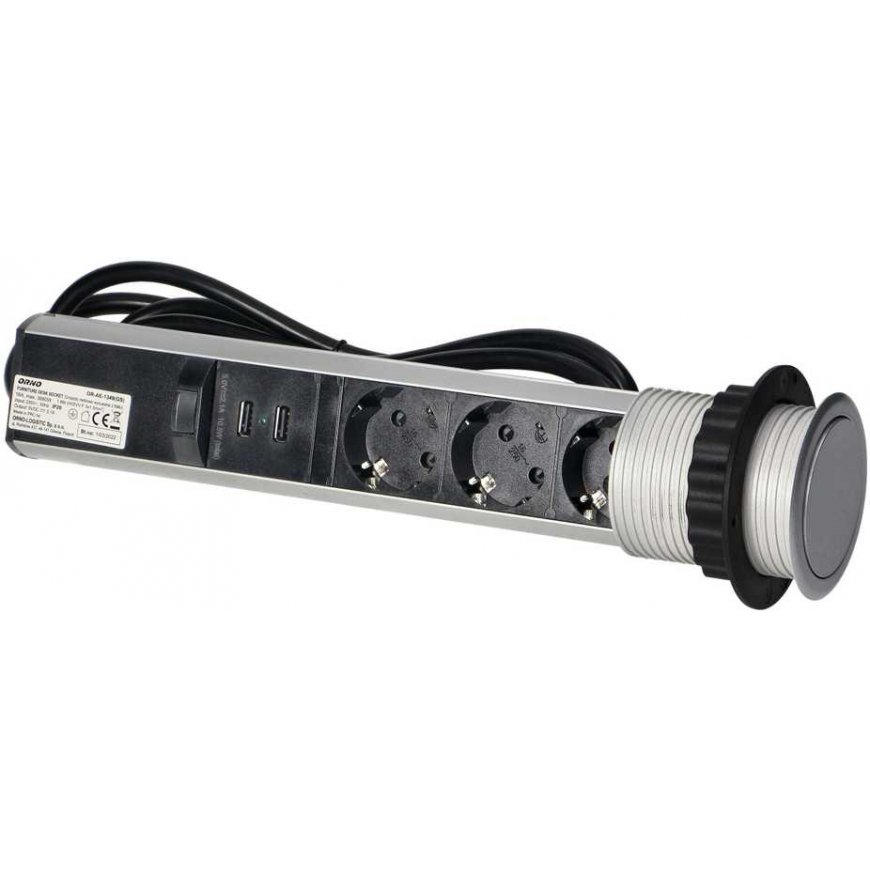 Orno Furniture socket ?6cm pulls out from the tabletop with USB charger, lock and 1.8m cable, 3x2P+Z (Schuko), silver – 4