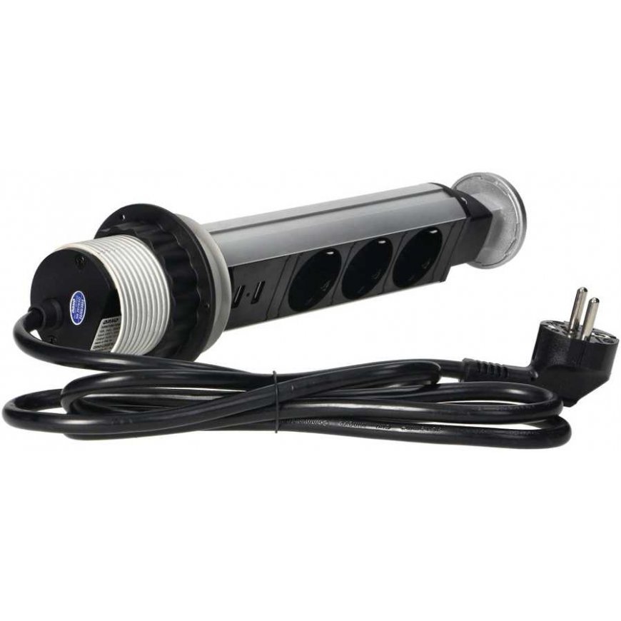 Orno Baldų lizdas ?6cm ištraukiamas nuo stalviršio su USB įkrovikliu, spyna ir 1,8m laidu, 3x2P+Z (Schuko), sidabrinis – 5