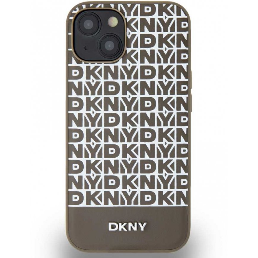 Dėklas DKNY DKHMP15SPSOSPW iPhone 15 / 14 / 13 6.1" ruda/ruda hardcase Leather Printed Pattern Metal Logo MagSafe