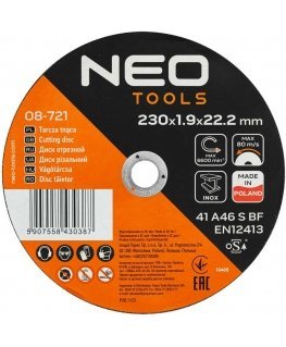 Neo Tarcze tnące do metalu 41 A46 S BF-230 x 1,9 x 22,23 INOX, 25 vnt w op. Wyprodukowano w Polsce