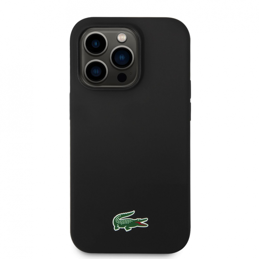 Dėklas Lacoste Apple iPhone 15 Pro skystas silikoninis mikropluošto Croc logotipas Magsafe galinis dangtelis Juodas – 4