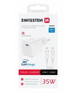 Swissten Travel Charger GaN USB-C 35W PD + Data Cable USB-C - USB-C 1.2m