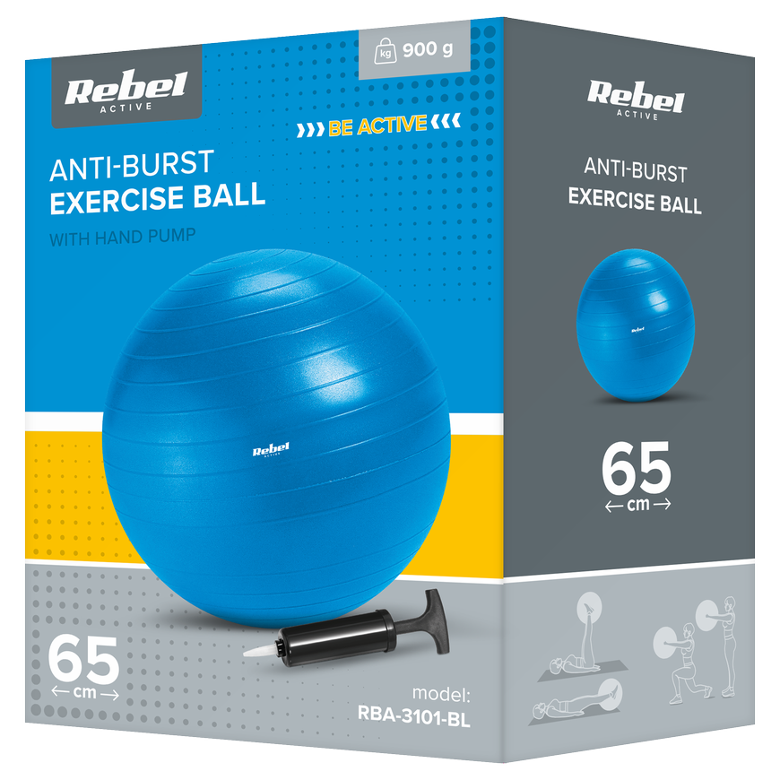 Rehabilitation gymnastics ball 65 cm with manual pump, blue, REBEL ACTIVE – 5