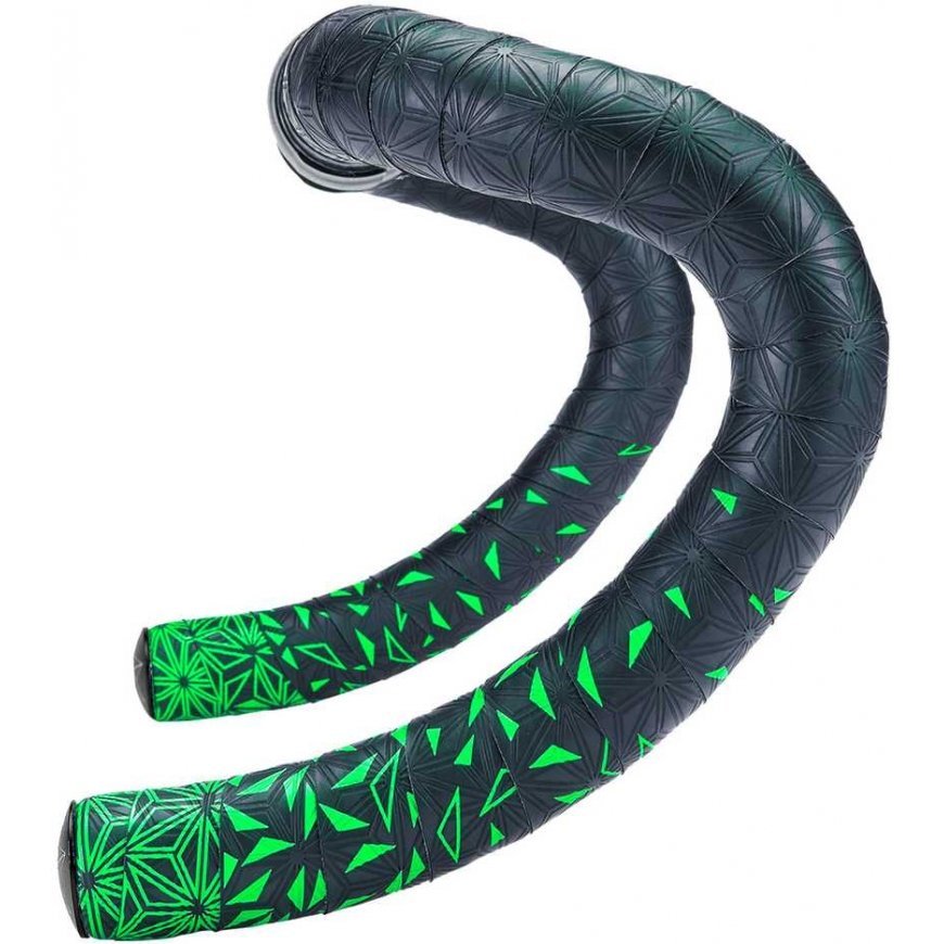 SUPACAZ Super Sticky Kush - Star Fade - Neon Green + Black Plugs handlebar tape with plugs – 3