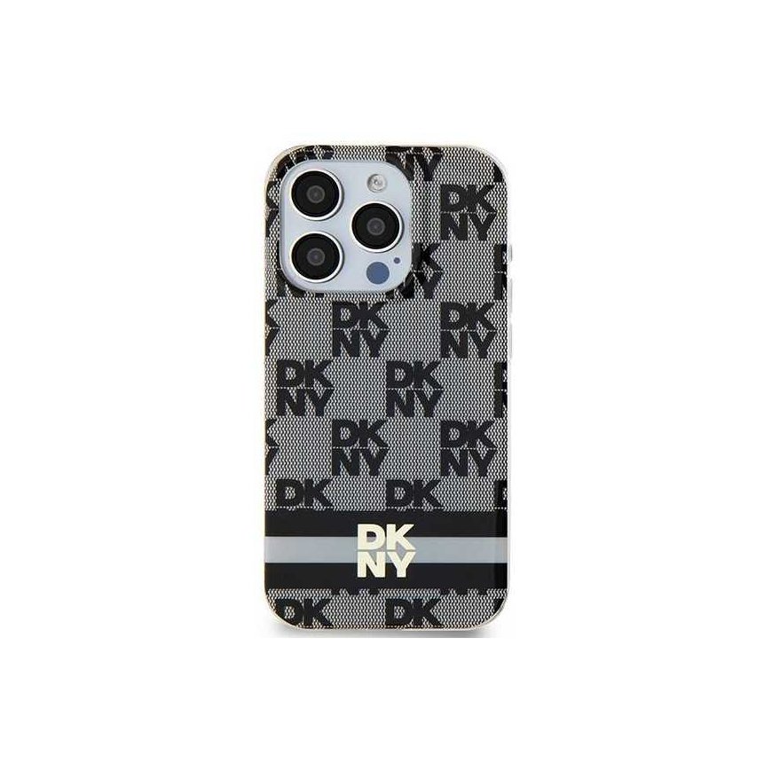 DKNY DKHMP15SHCTSK iPhone 15 / 14 / 13 6.1" Black/Black Hard Case IML Checkered Mono Pattern & Printed Stripes MagSafe