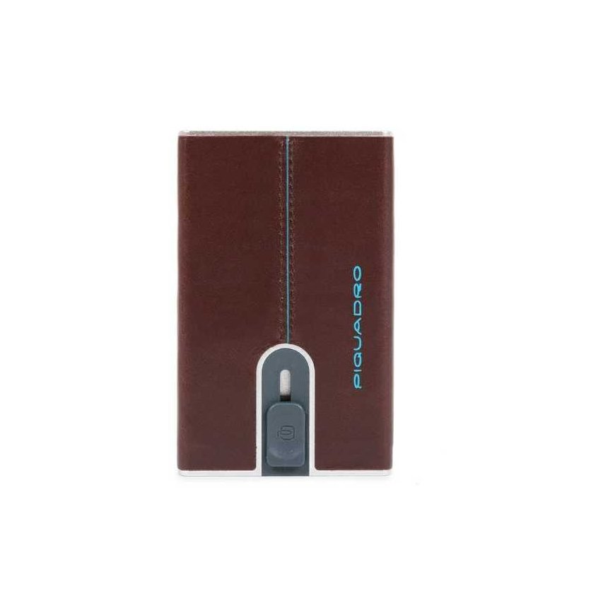 Piquadro, Blue Square, Leather, Card Holder, Square Sliding System with Money Clip, PP5358B2R, Mahogany, For Men
