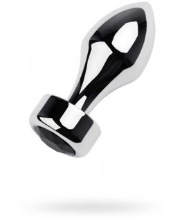 Silver anal plug TOYFA Metal with black round-shaped gem, length 8.2 cm, diameter 2.5-3.8 cm, weight 210 gr
