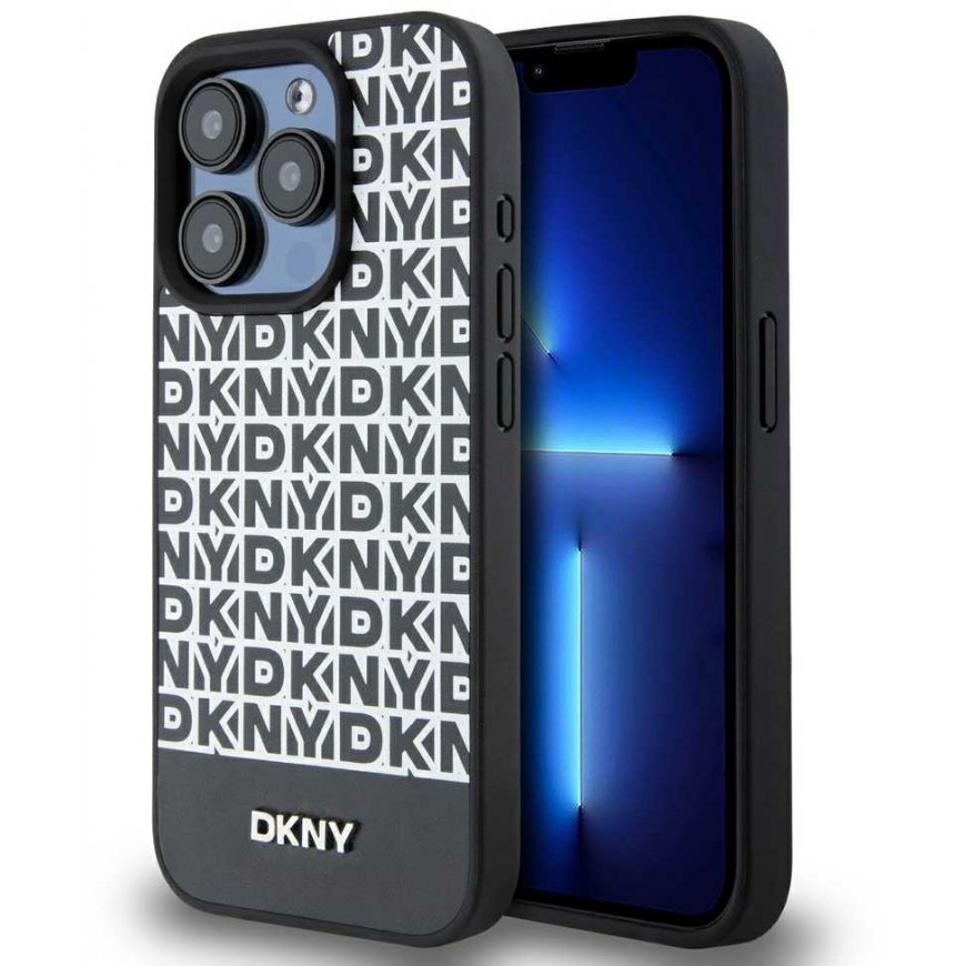 DKNY DKHMP15LPSOSPK iPhone 15 Pro 6.1" juoda/juodas kietas dėklas, odinis margintas raštas metalinis logotipas MagSafe