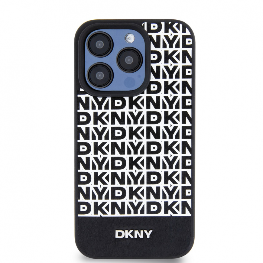 DKNY DKHMP15LPSOSPK iPhone 15 Pro 6.1" juoda/juodas kietas dėklas, odinis margintas raštas metalinis logotipas MagSafe – 2