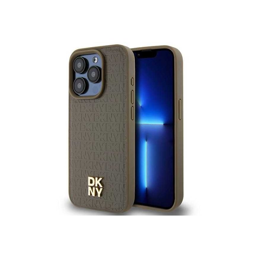 Dėklas DKNY DKHMP14XPSHRPSW iPhone 14 Pro Max 6.7" ruda/ruda hardcase Leather Pattern Metal Logo MagSafe