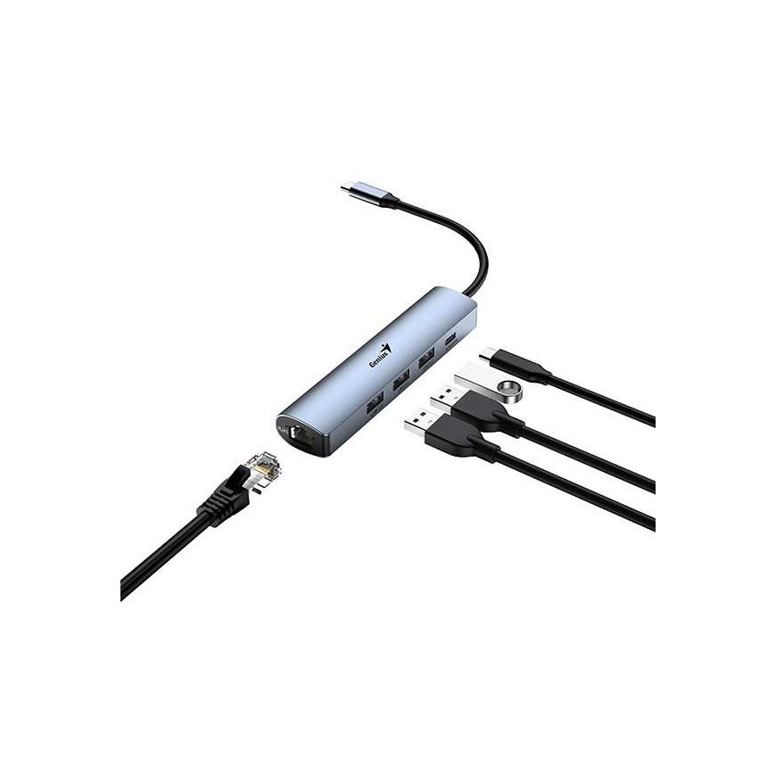 USB (3.0) hub 4-port, UH-545, gray, Genius, 3x USB 3.0, 1x RJ45 – 3